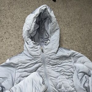 The North Face Hooded Jacket Coat 550 Down Womens M Gray Puffer Front Design